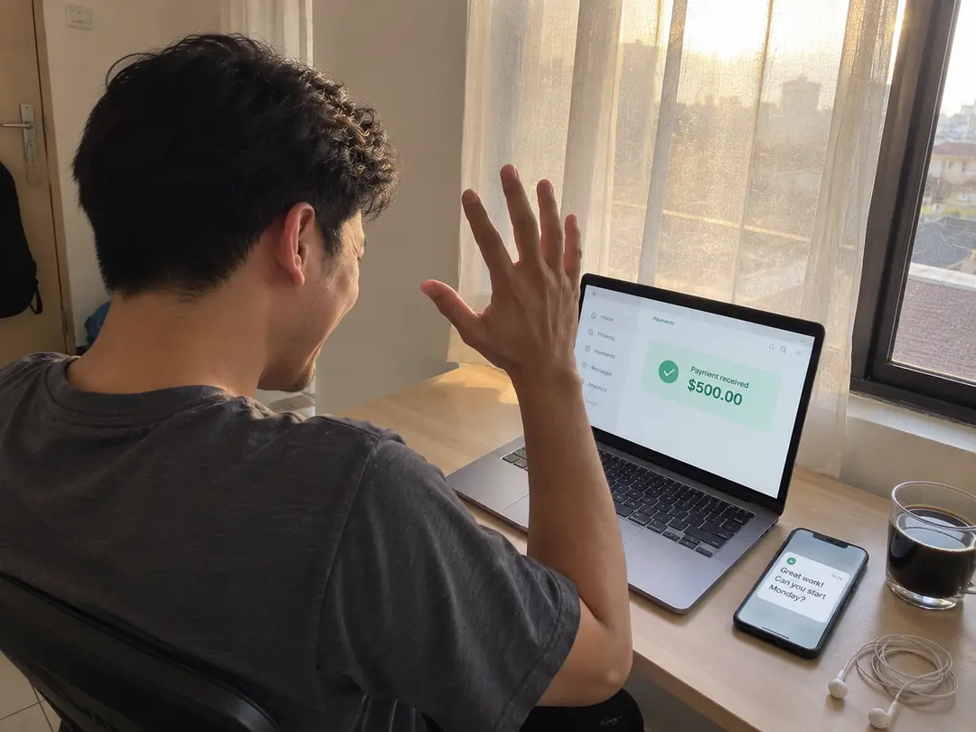 Menerima balasan dari klien luar negeri di laptop